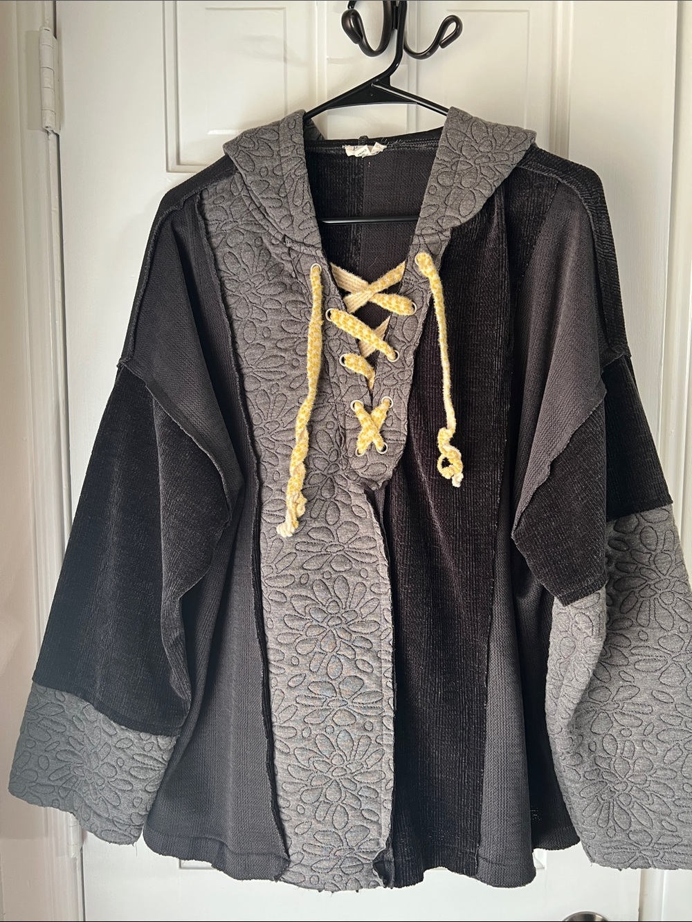 POL Black & Gray Hooded Teddy Jacket with Yellow Drawcords